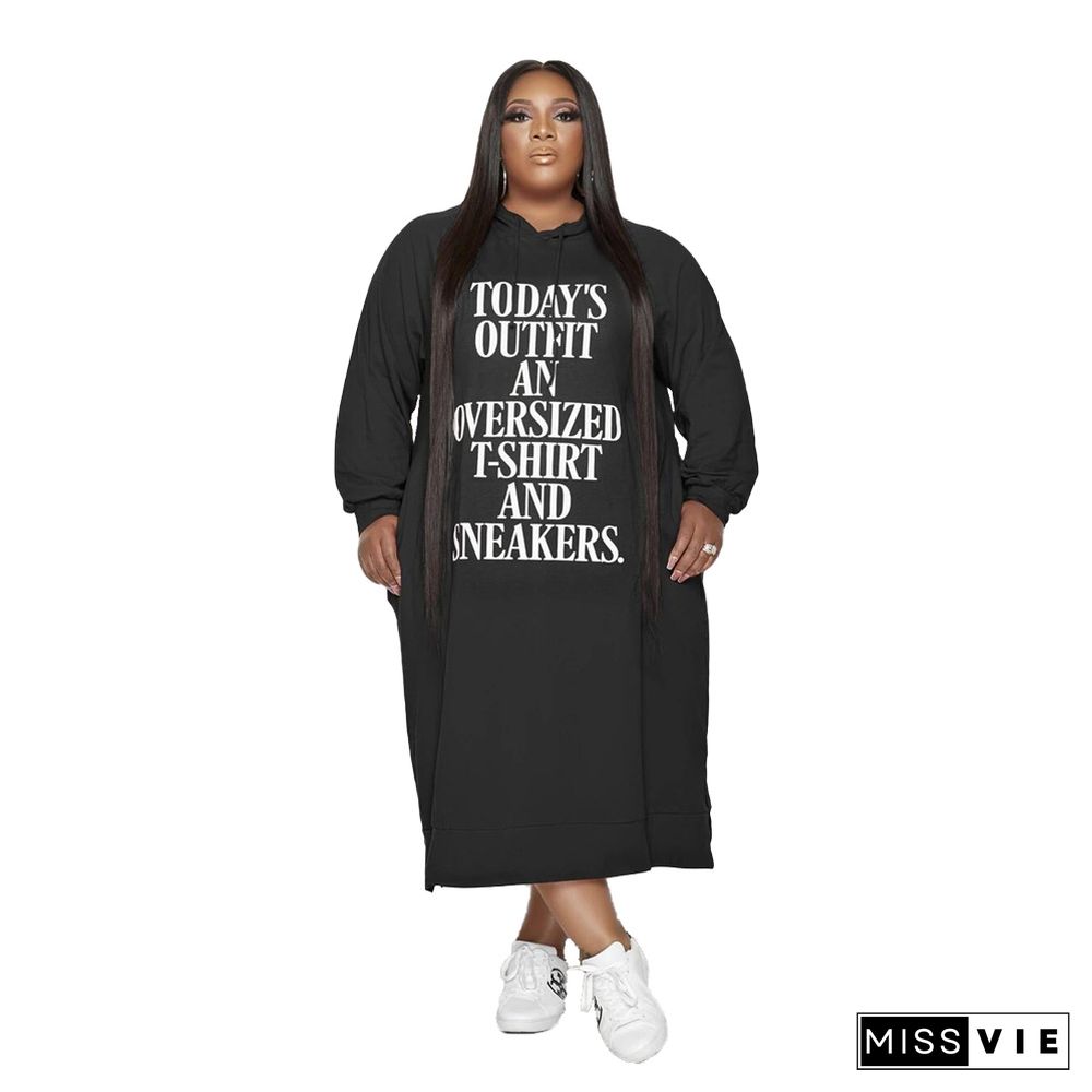 Letter Print Long Sleeve Hooded Loose Plus Size Dress