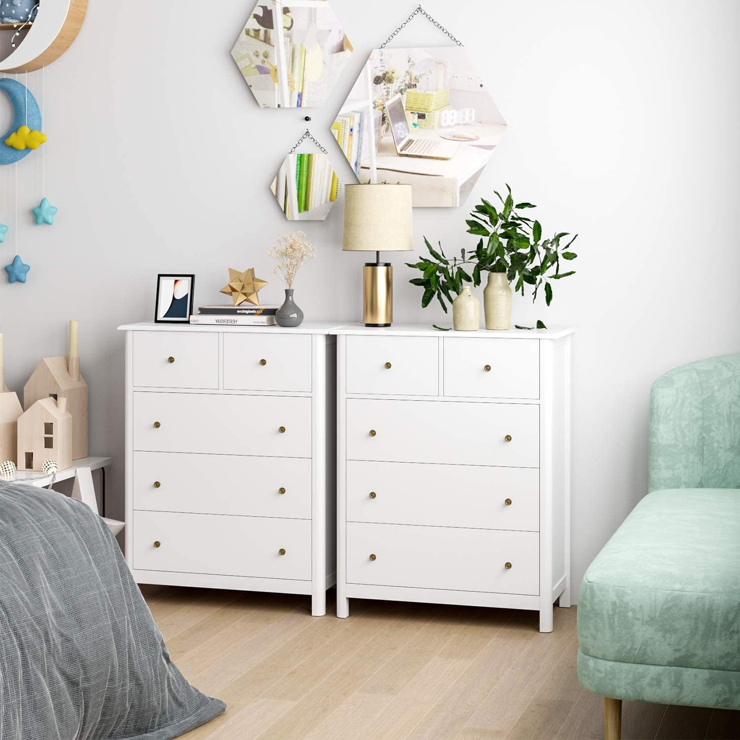 Homfa Kids Dresser of 5 Drawers, Dresser Chest with Easy Pull Handle for Bedroom, Living Room, White Finish