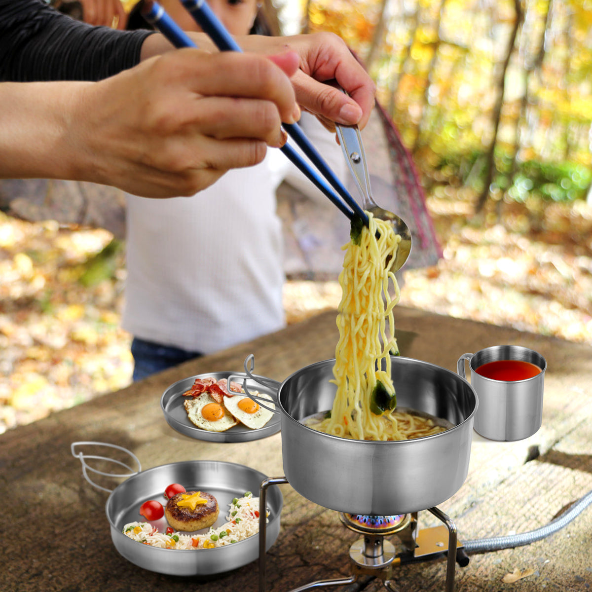 TINKSKY 8pcs Portable Cookware Stainless Steel Pan Cooking Tool Set for Trekking Hiking Backpack Picnic Outdoor EDC Tactical Sets