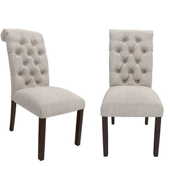 Fabric Upholstered Dining Chairs In a Soft Beige Linen with Tufted Back And Solid Wood Legs， Set of 2 - N/A