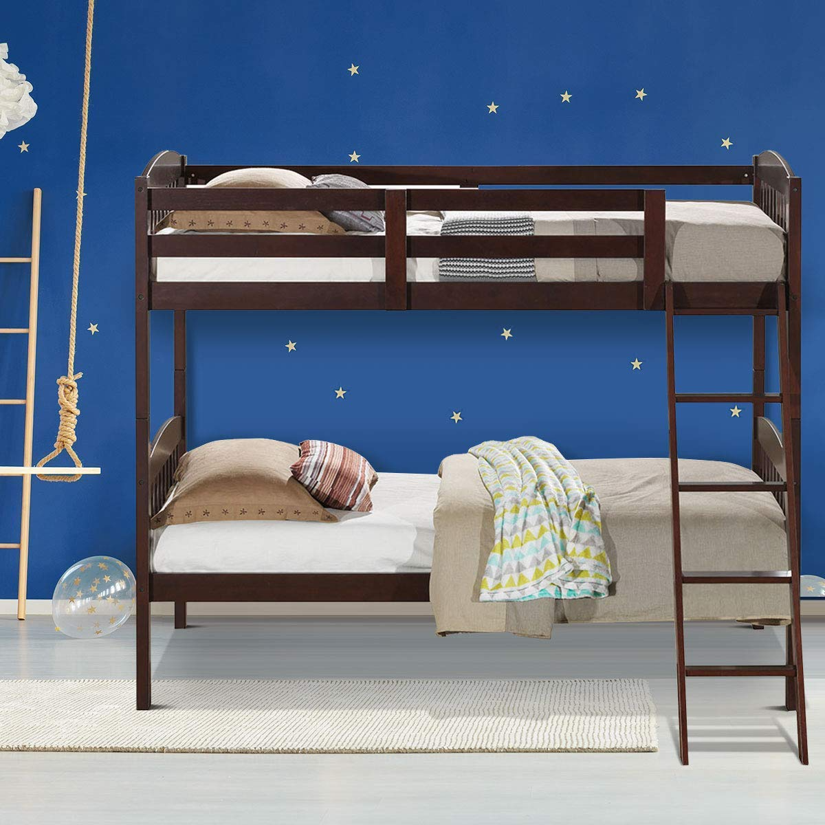 Costzon Twin Over Twin Bunk Beds, Convertible Into Two Individual Solid Rubberwood Beds (Espresso)