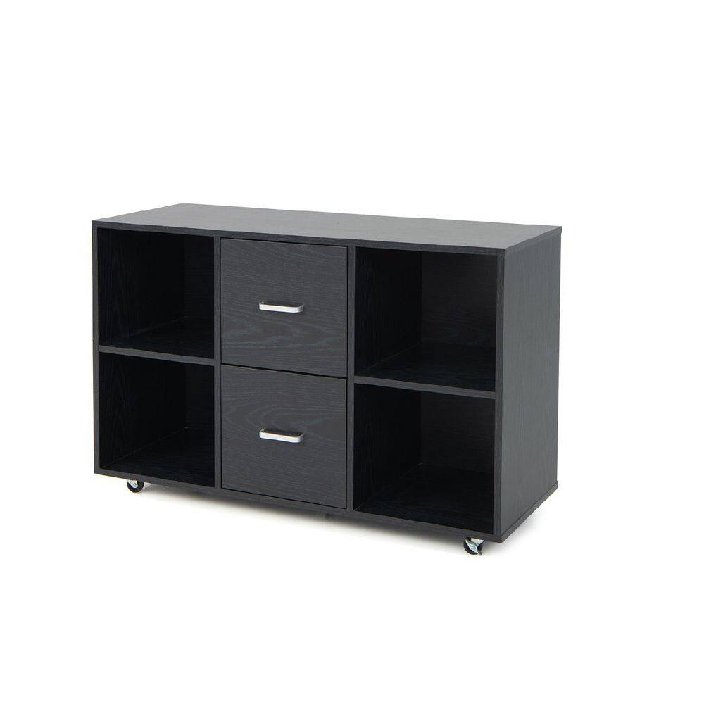 Gymax Black Rolling Wood File Cabinet With 2-Large Drawers and 4-Open Compartments Office GYM10416