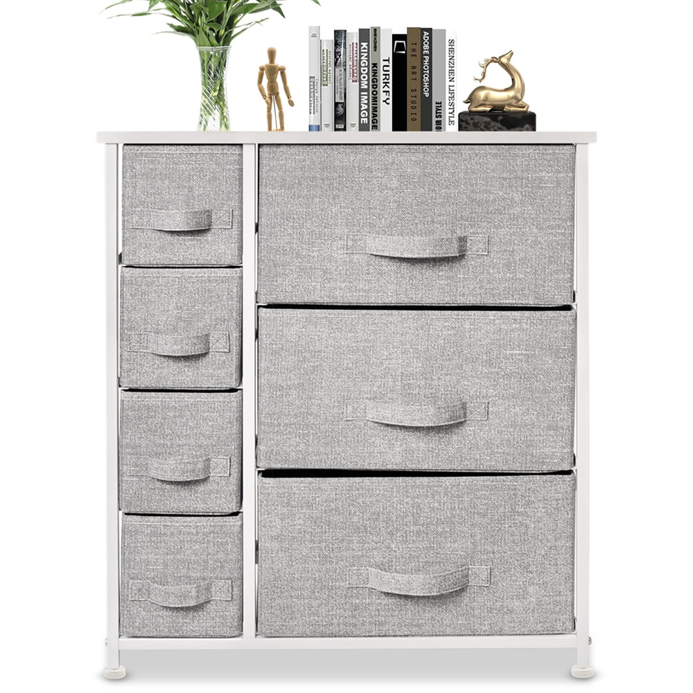 Bigroof Storage Organizer 7 Drawers for Bedroom Fabric Steel Frame Wood Top Light Gray