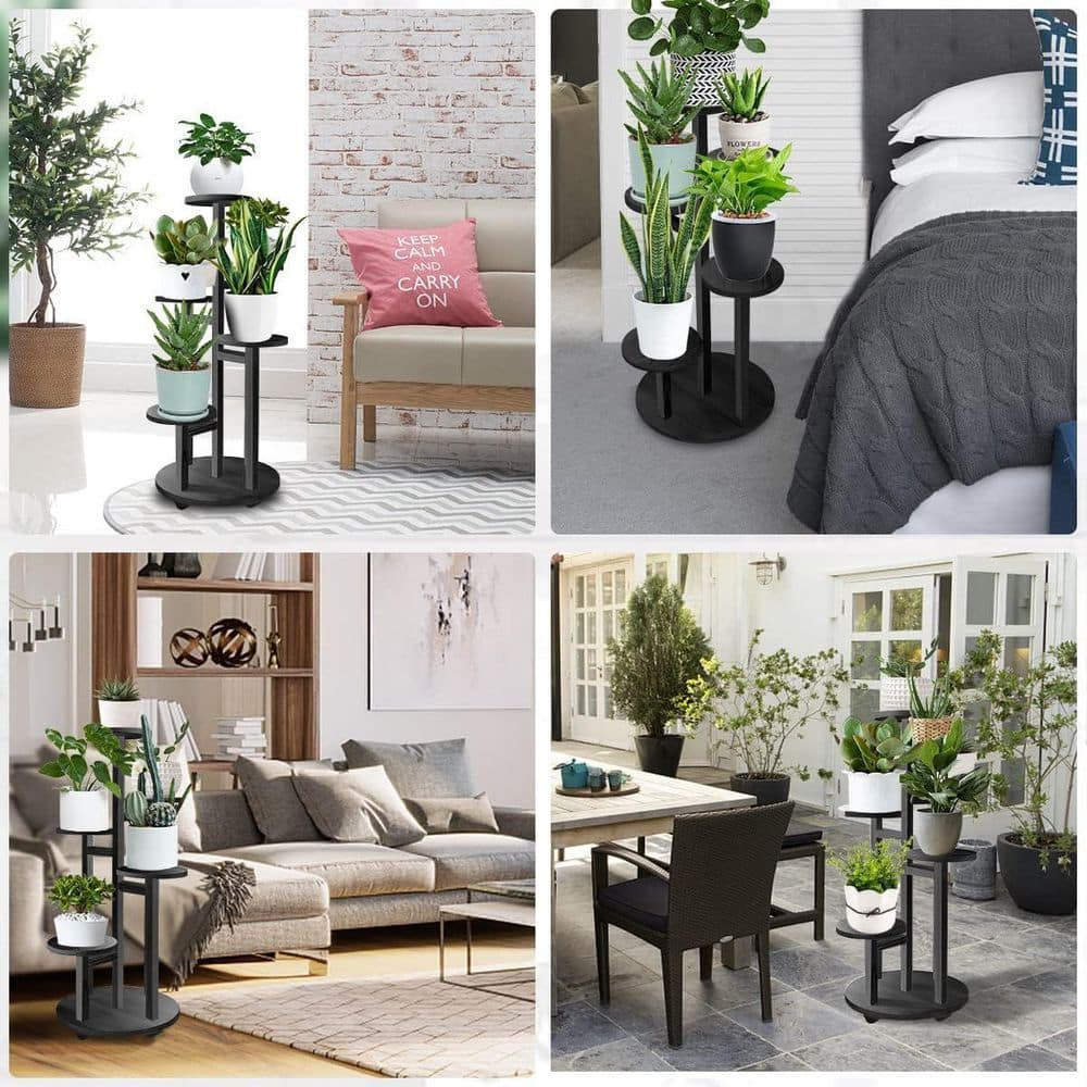 Dyiom 34 in. Indoor/Outdoor Black Wood Plant Stand for Outdoor (5-Tiered) B09VZWZ572