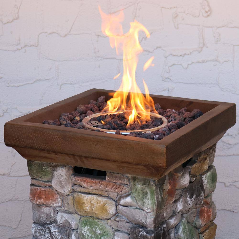 Sunnydaze Decor 30 in. Square Fiberglass Rock Column Design Propane Gas Fire Pit WAR-955