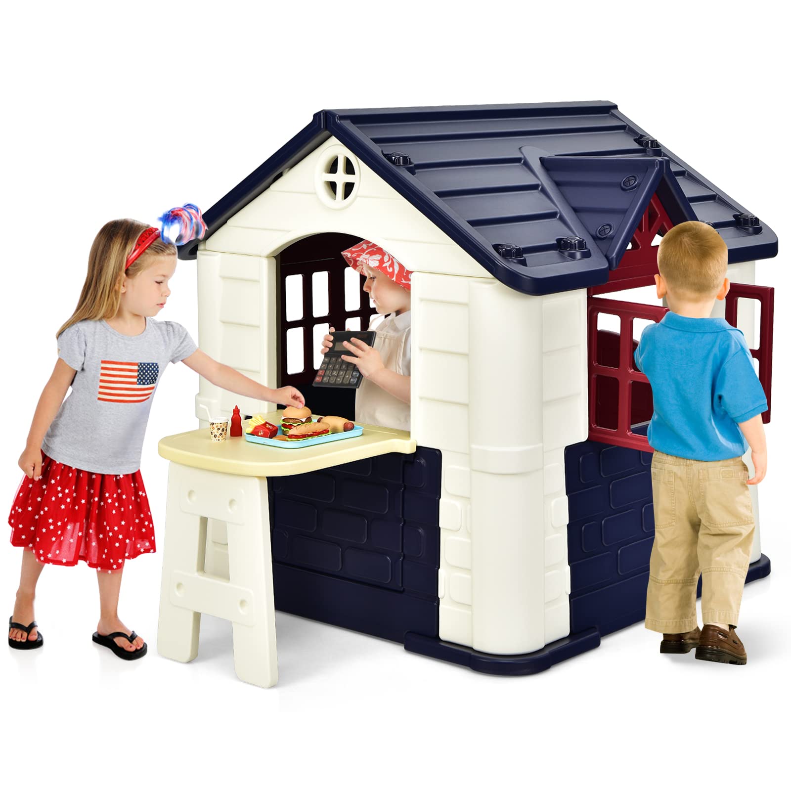 Costzon Playhouse for Kids, Pretend Toy House w/ Picnic Table, 7 PCS Toy Set & Tray