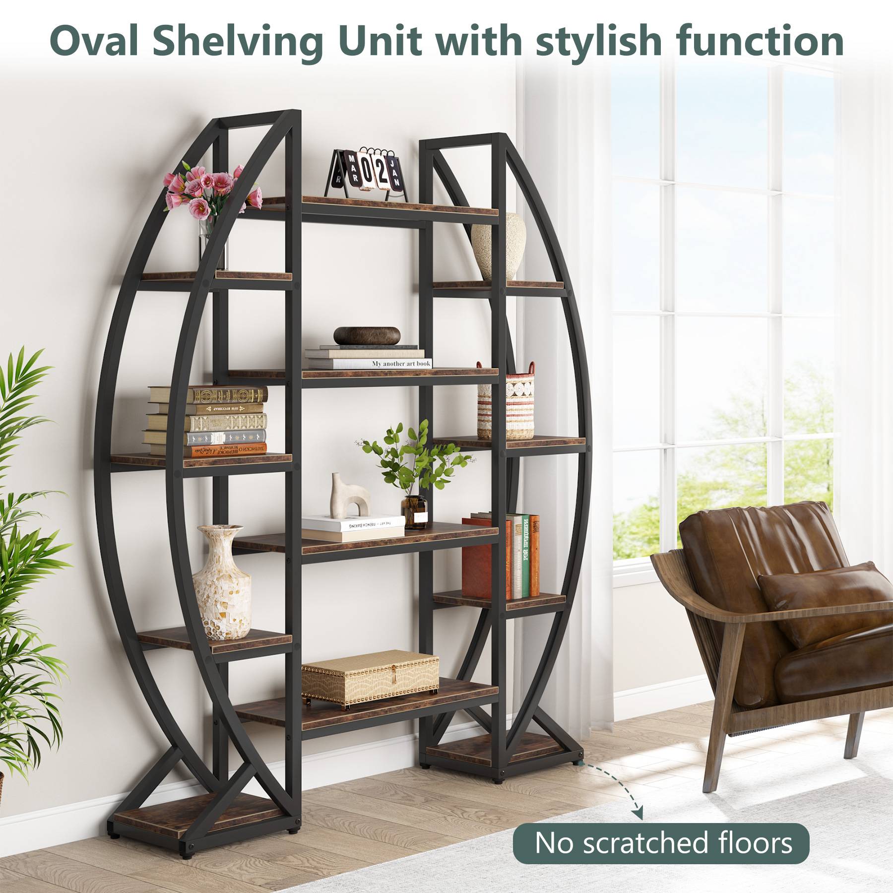 Industrial Bookshelf, Oval Triple Wide Etagere Bookcases Display Shelves