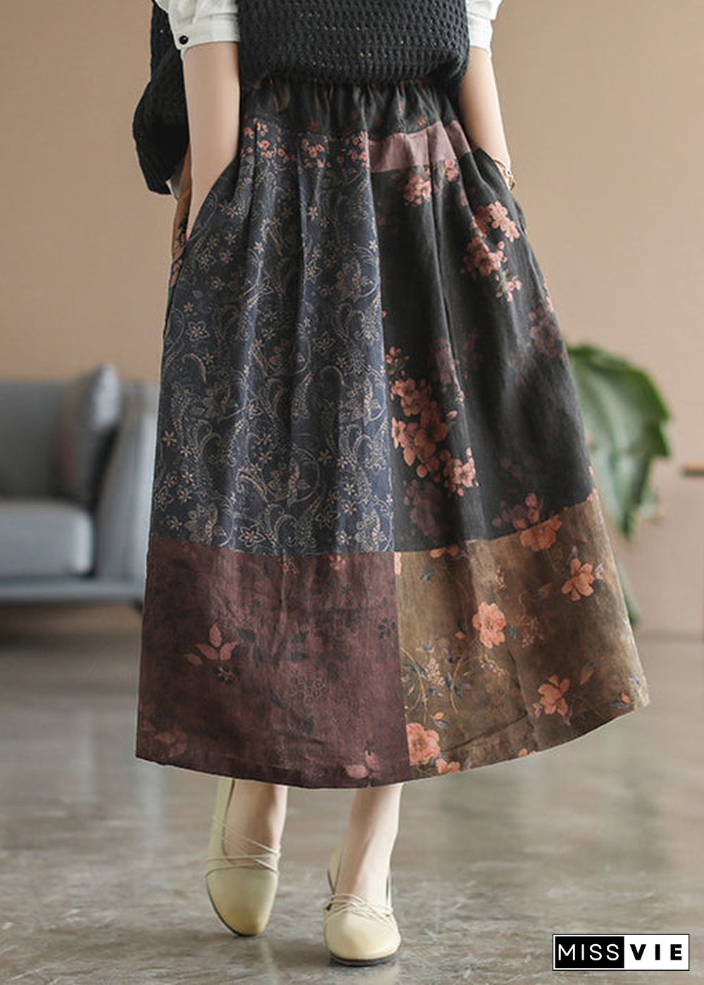 Chocolate Patchwork Linen Skirt elastic waist Spring