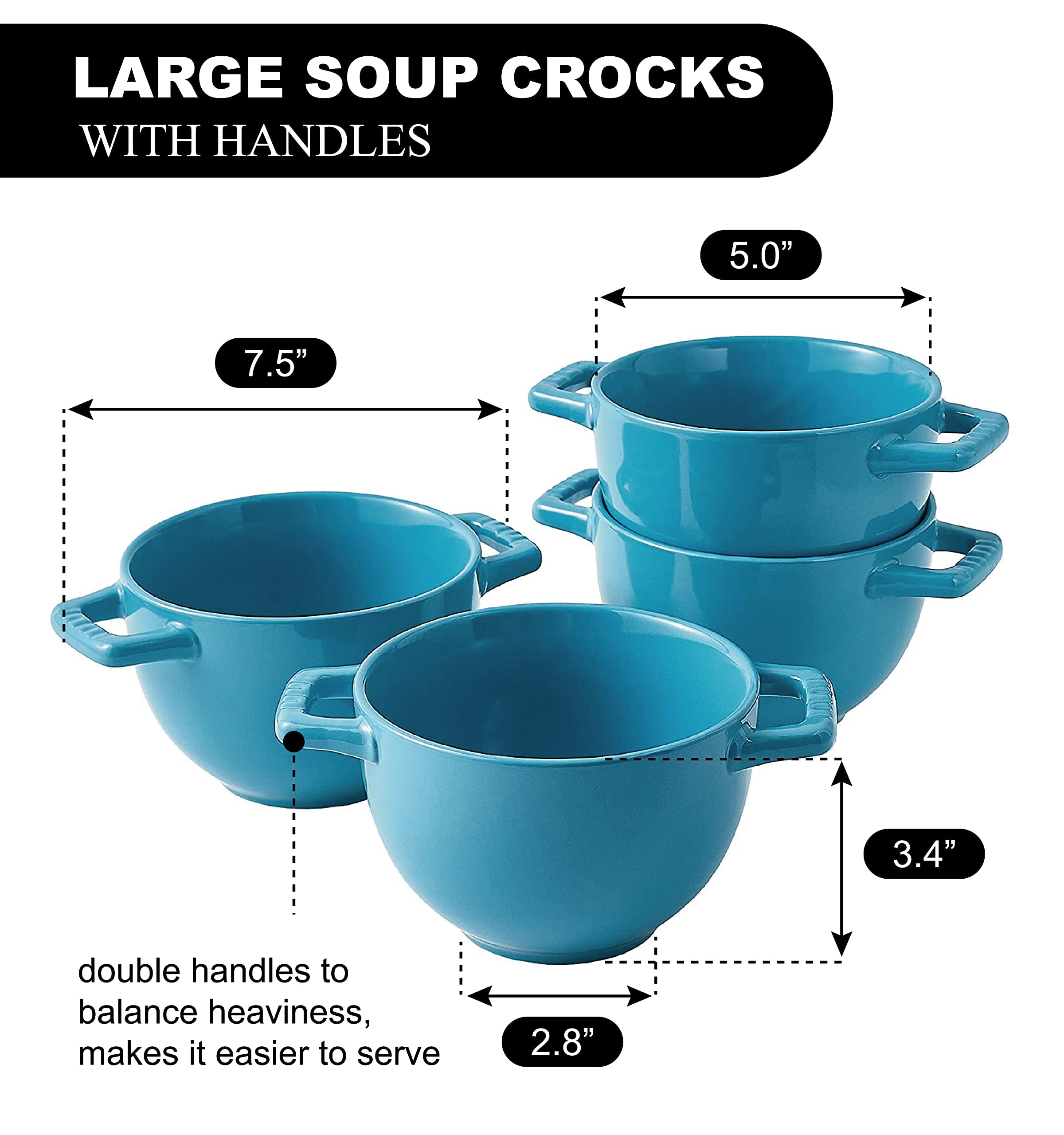 Set of 4 Large Soup Crocks with Handles for Cereal Bowl， Soup， Stew， Chilli， - Oven safe