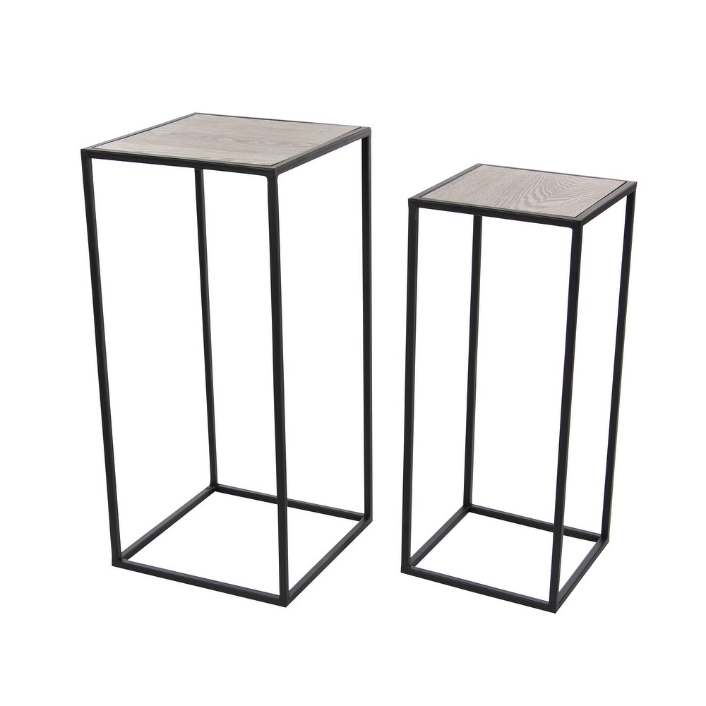 Black Metal Contemporary Accent Table with Brown Wood Tops (Set of 2)   13 x 13 x 28