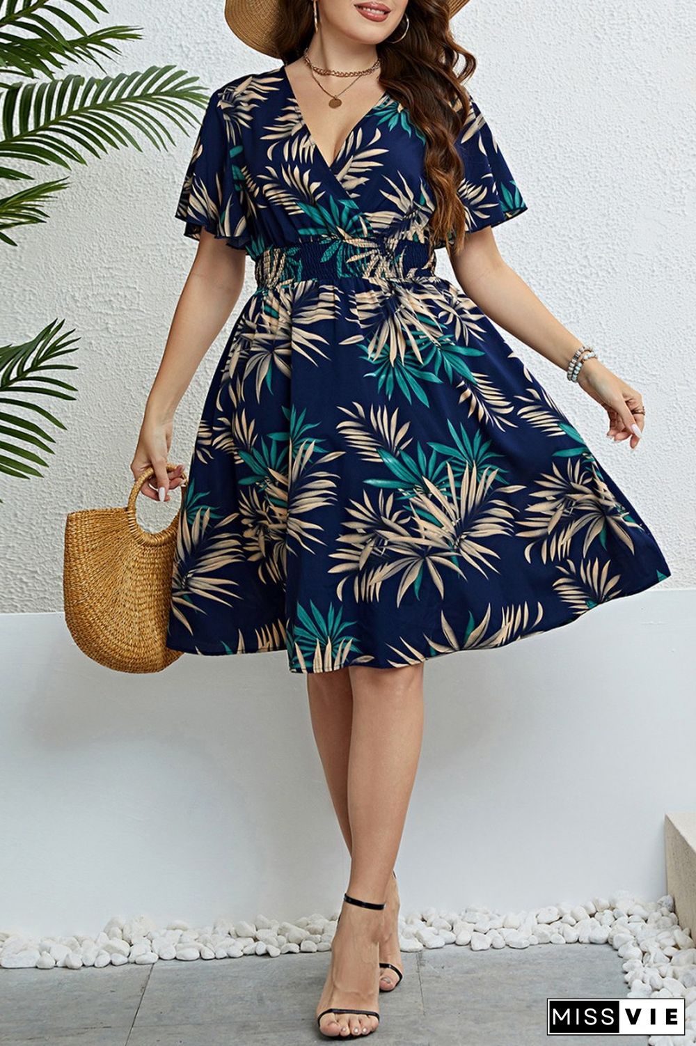 Casual Print Patchwork V Neck Short Sleeve Dress Plus Size Dresses