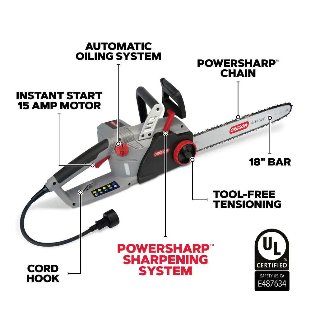 Oregon CS1500 Self-Sharpening 15 Amp Corded Electric Chainsaw， 18 in. Bar， Equipped with PowerSharp Saw Chain