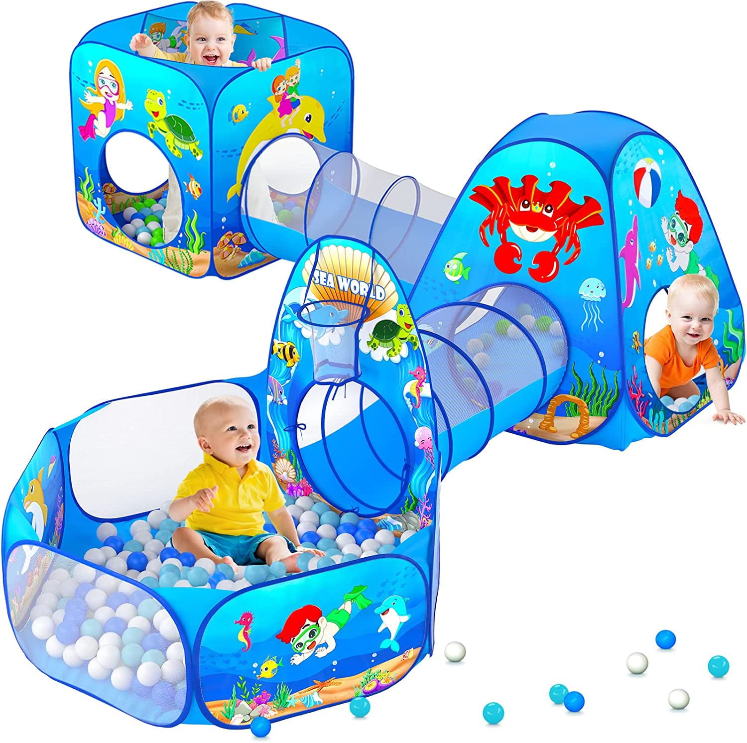 5 Piece Kids Play Tent and Play Tunnel for Toddler, Premium Ocean Kids Playhouse with 1 Baby Ball Pit, 2 Kids Play Tunnels, 2 Pop Up Tents, Kids Toys for Indoor and Outdoor Play