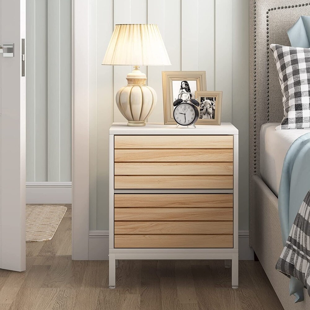 Modern Wood Nightstand with 2 Drawers and Metal Frame for Bedroom