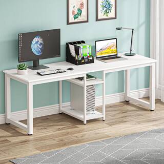 TRIBESIGNS WAY TO ORIGIN Halseey 78 in. Rectangular White Wood Computer Desk Two Person Writing Desk with Metal Frame and Storage Shelves HD-ZK10003