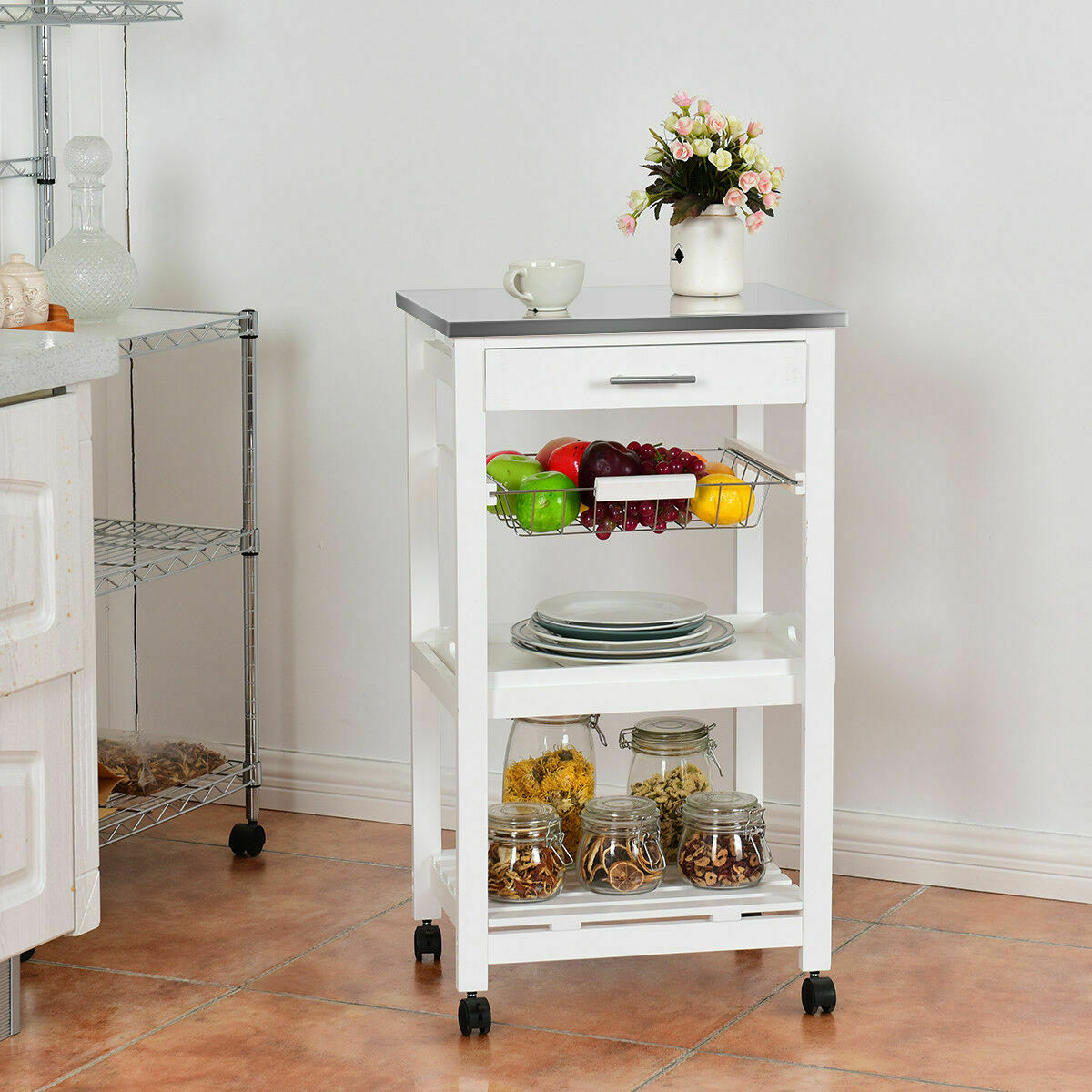 Costway Rolling Kitchen Trolley Cart Steel White Top Removable Tray W/Storage Basket andDrawers