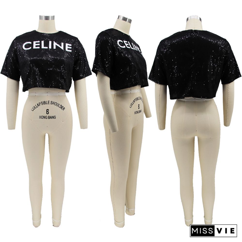 Explosive Sequined Letters Printed Short-sleeved Open-waist Sexy Top