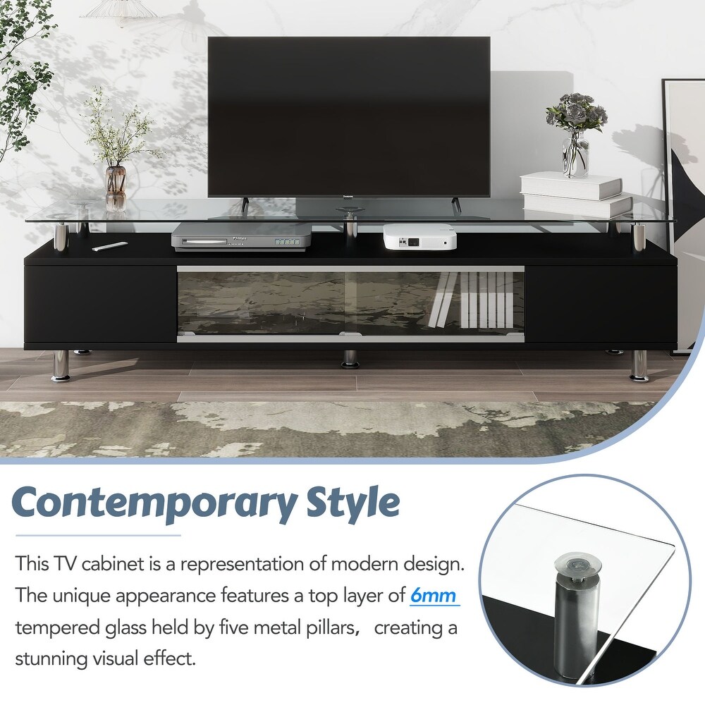 TV Console Table Tempered Glass Sliding Glass Door Media Console with Sliding Glass Door for TV Up to 70\