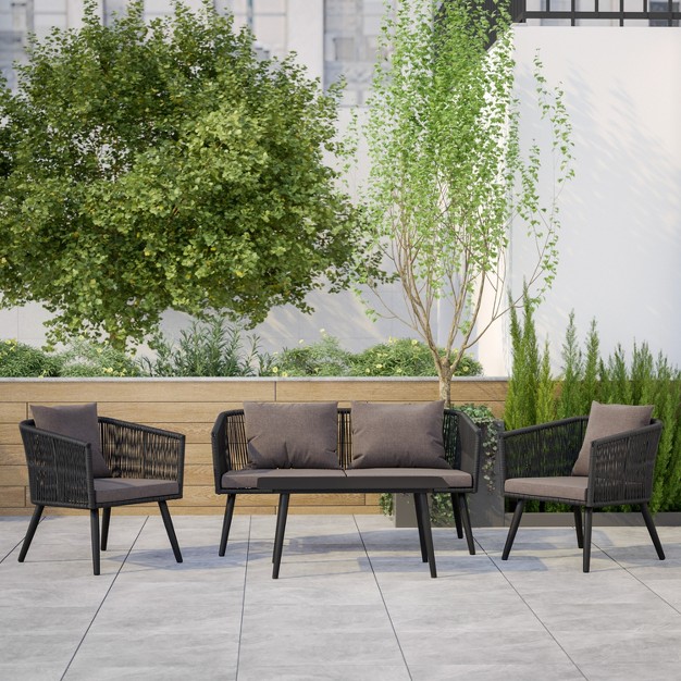 Emma And Oliver Black amp Gray Woven All weather Four piece Conversation Set With Cushions amp Metal Coffee Table For Porch Backyard And Patio