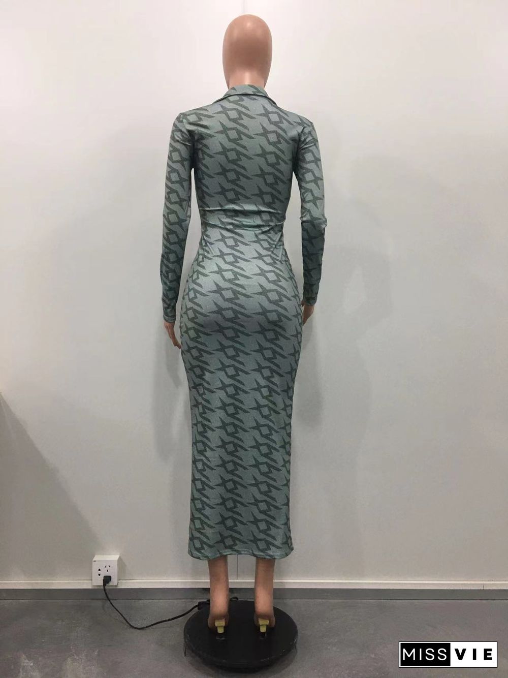 Long Sleeve Skinny Bodycon Aesthetic Print Maxi Dress