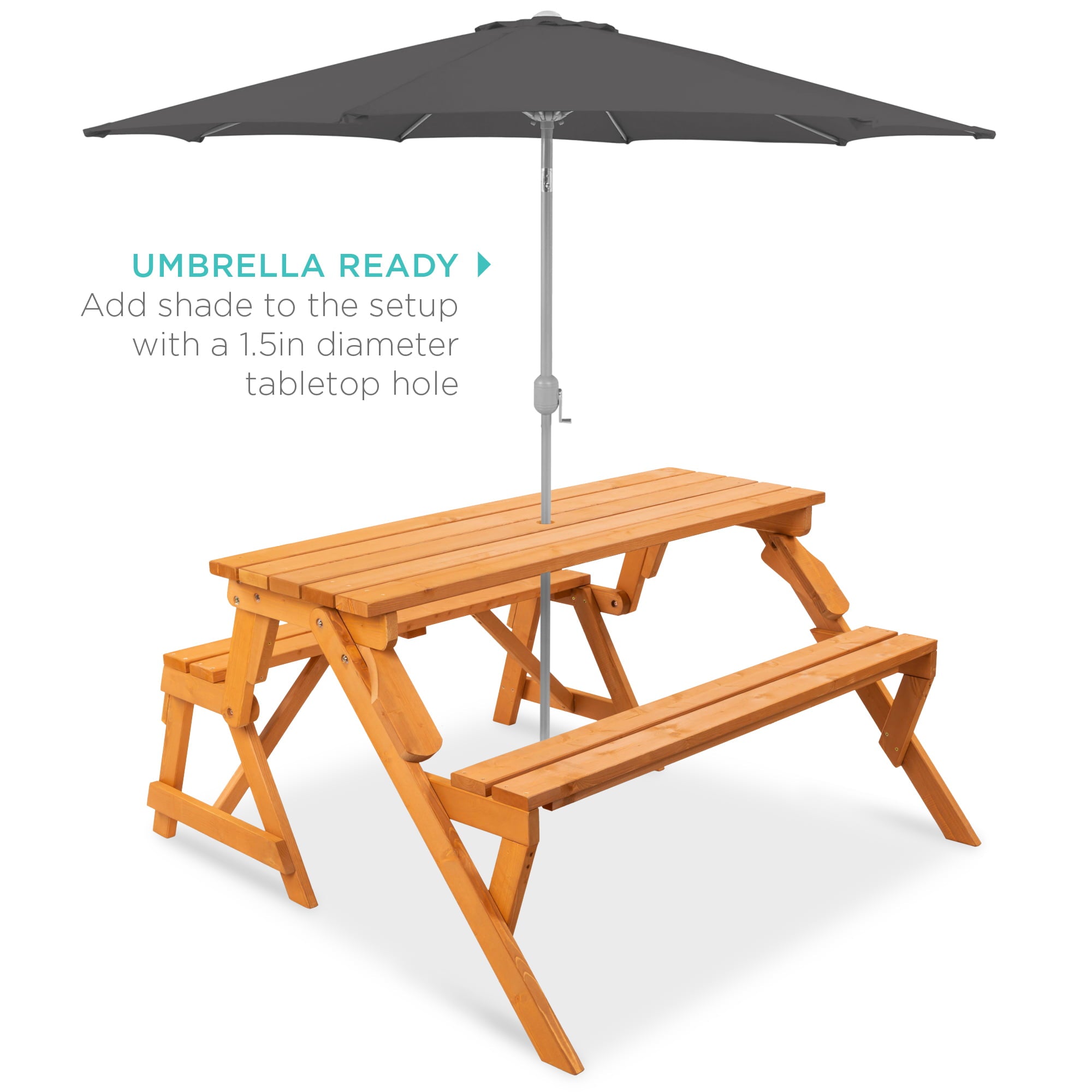 Best Choice Products 2-in-1 Outdoor Interchangeable Wooden Picnic Table/Garden Bench for w/ Umbrella Hole - Natural