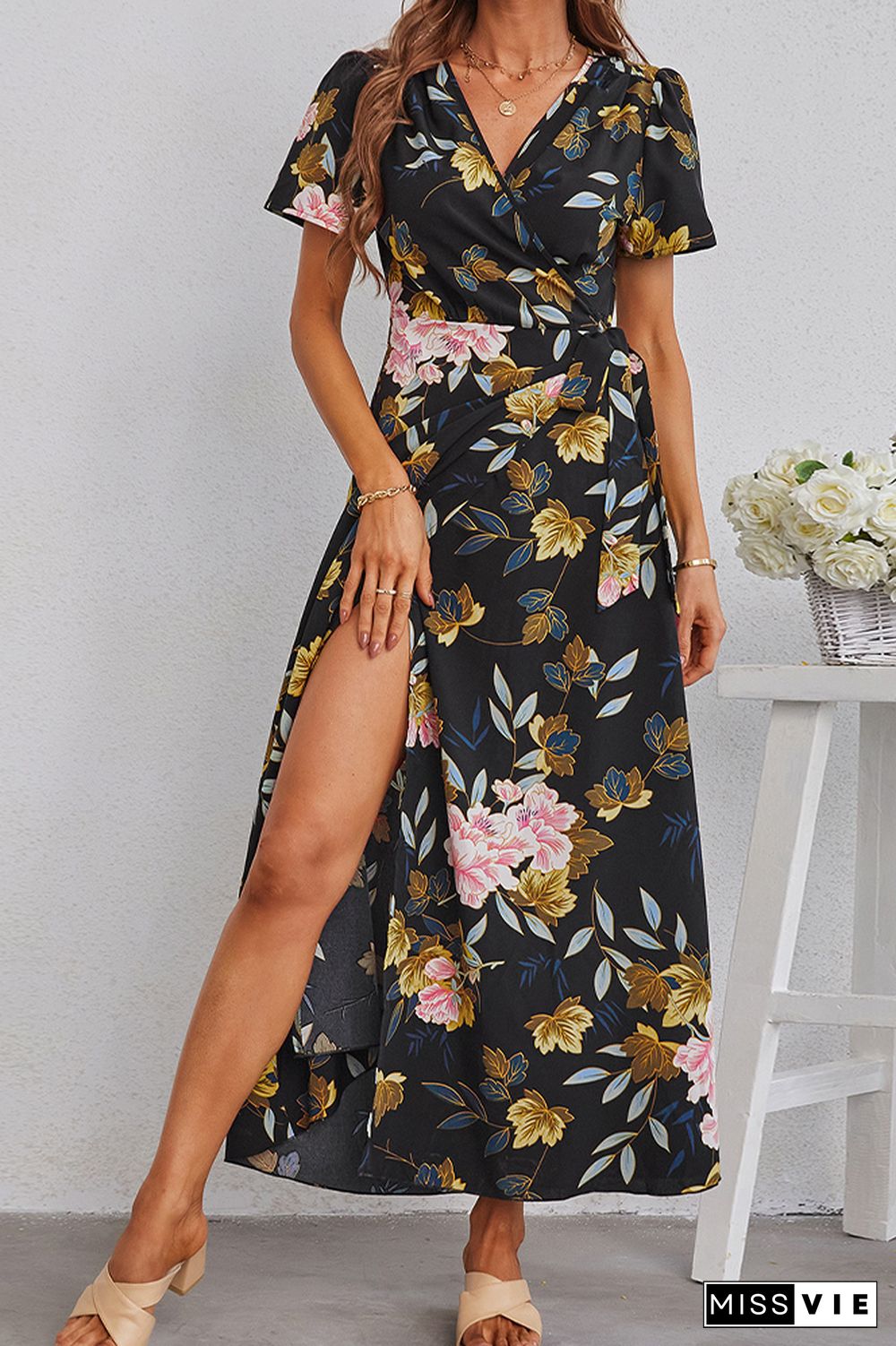 Floral Print V-neck Short Sleeve Dress Wholesale