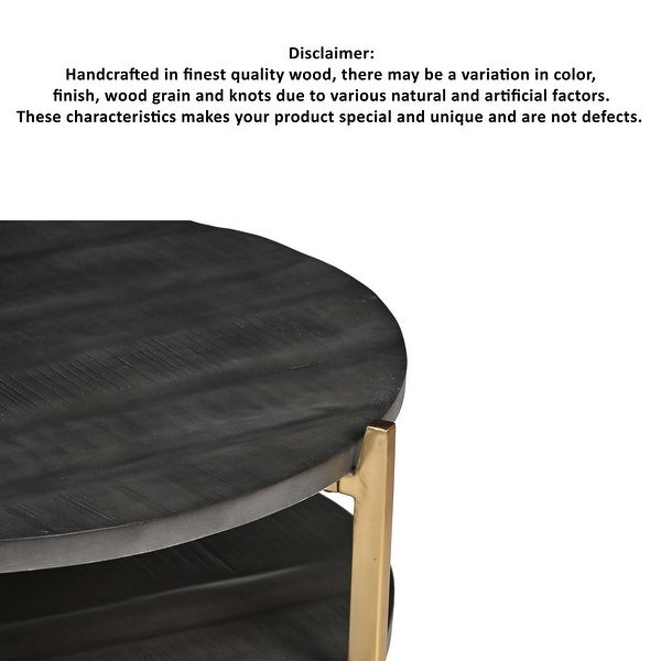 Tali 37 Inch Handcrafted Round Coffee Table， 2 Tier， Charcoal Gray Acacia Wood， Sleek Gold Metal Legs