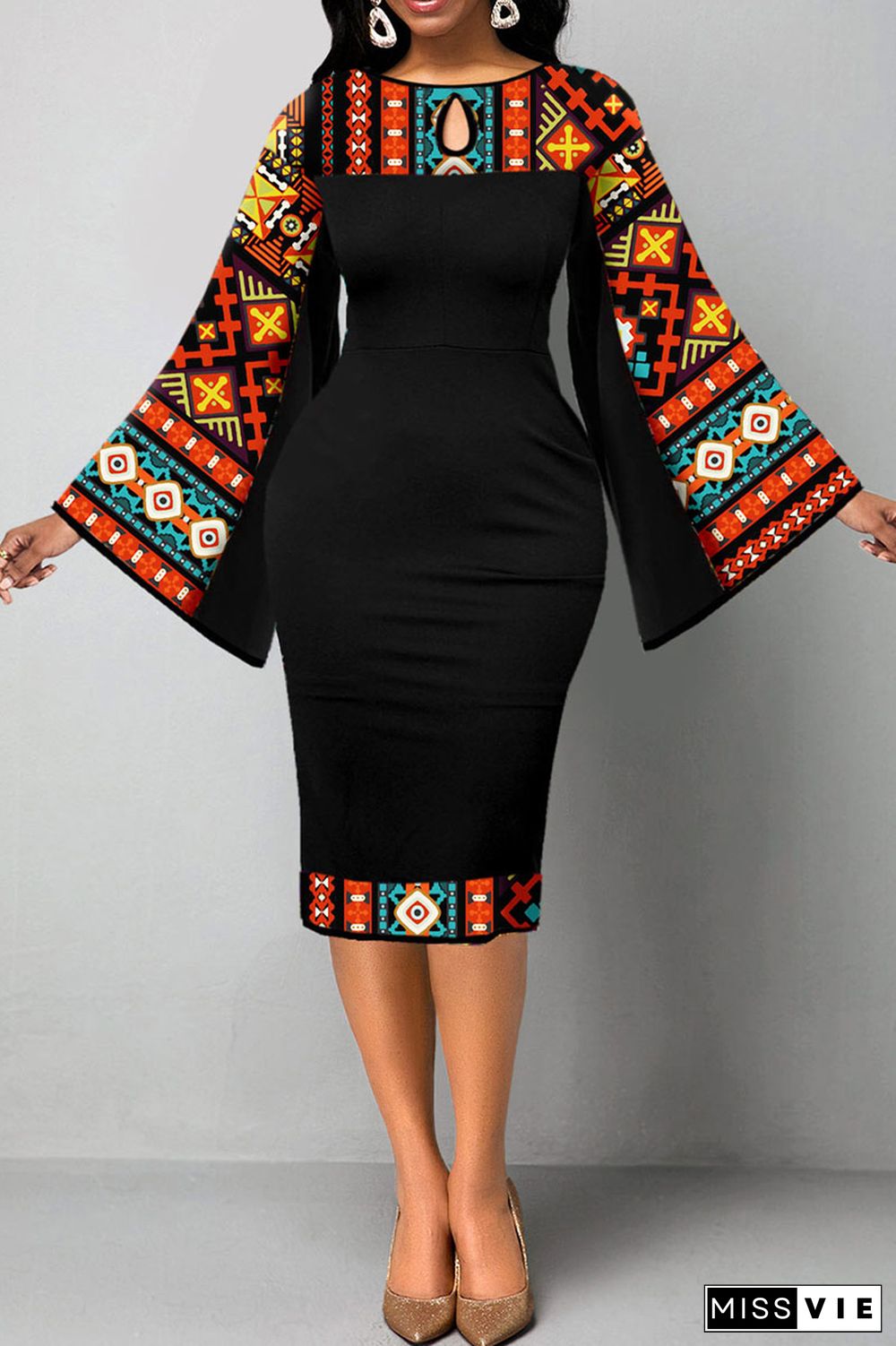 Orange Black Casual Elegant Print Patchwork O Neck One Step Skirt Dresses