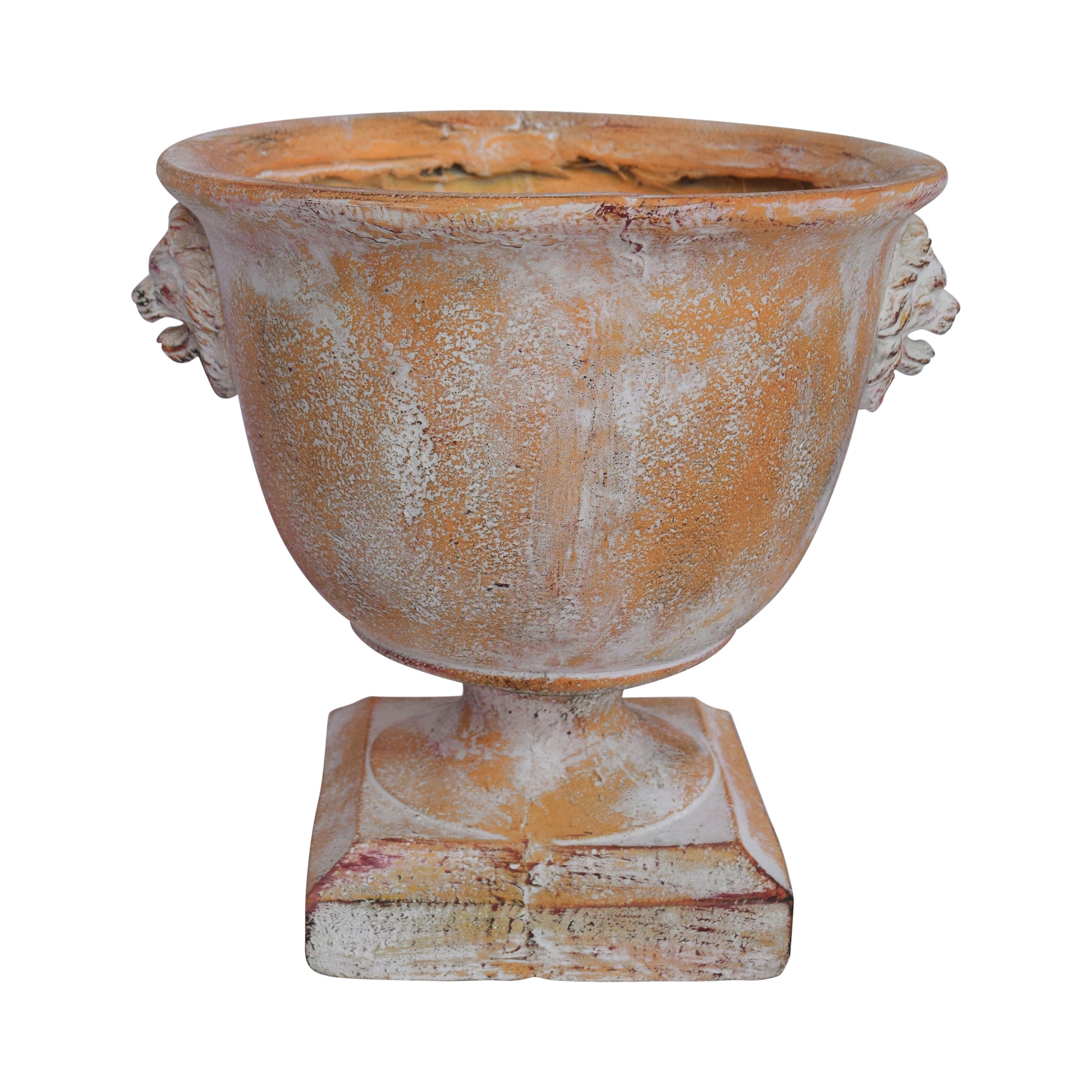 Montana Chalice Garden Urn Planter, Roman, Lionhead Accents, Lightweight Concrete