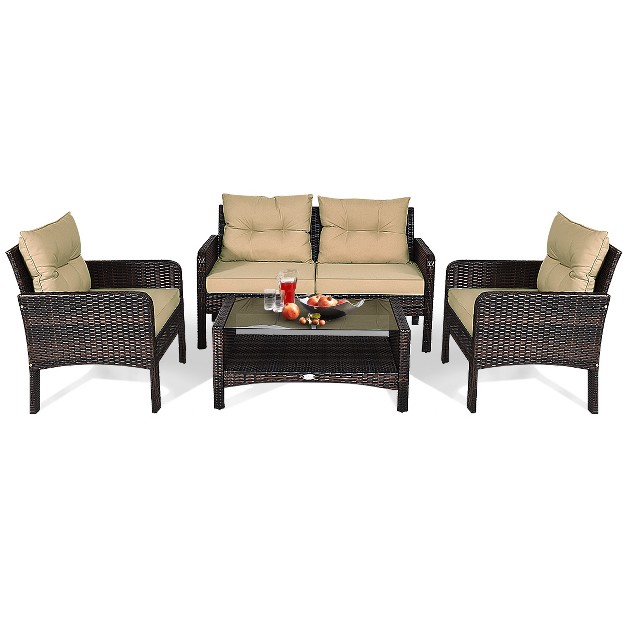 Tangkula 4 Pieces Patio Conversation Set Rattan Wicker Loveseat Sofa Coffee Table amp Glass Top