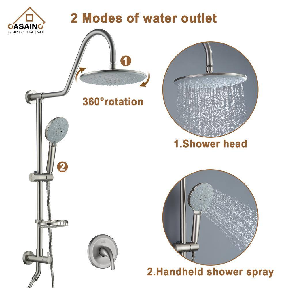 CASAINC 3-Spray Patterns 2.5GPM Round 10 in. Wall Bar Shower Kit with Hand Shower and Slide Bar in Brushed Nickel CS19S101BN