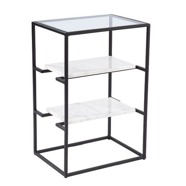 SEI Furniture Piesby Glass-Top End Table with Marble Shelving， Black/White