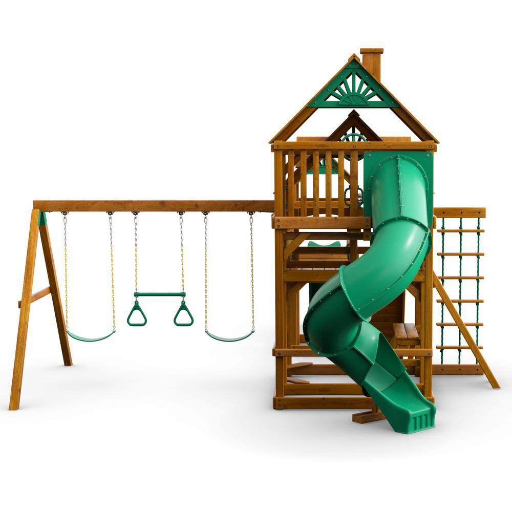 Gorilla Playsets Treasure Trove I Wooden Outdoor Playset with 2 Slides Clatter Bridge Rock Wall and Backyard Swing Set Accessories 01-1021-AP