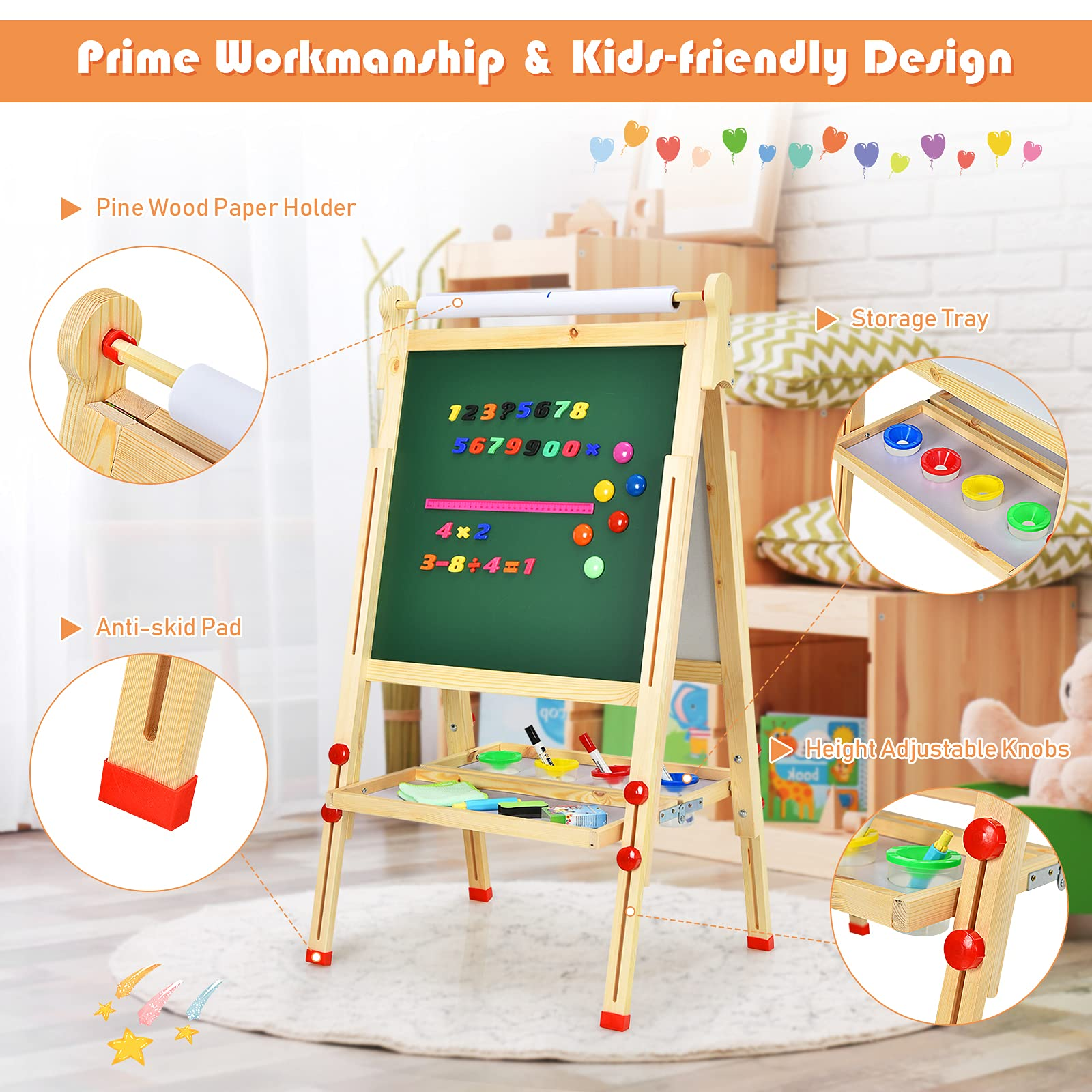 Costzon Kids Art Easel, Wooden Double-Sided Chalkboard Whiteboard w/Paper Roll (Nature)