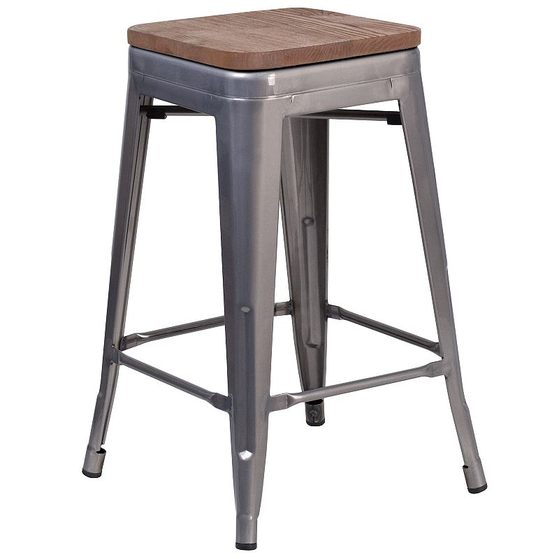 Merrick Lane Set of 4 Hamburg 24 Inch Tall Clear Coated Metal Bar Counter Stool With Textured Elm Wood Seat