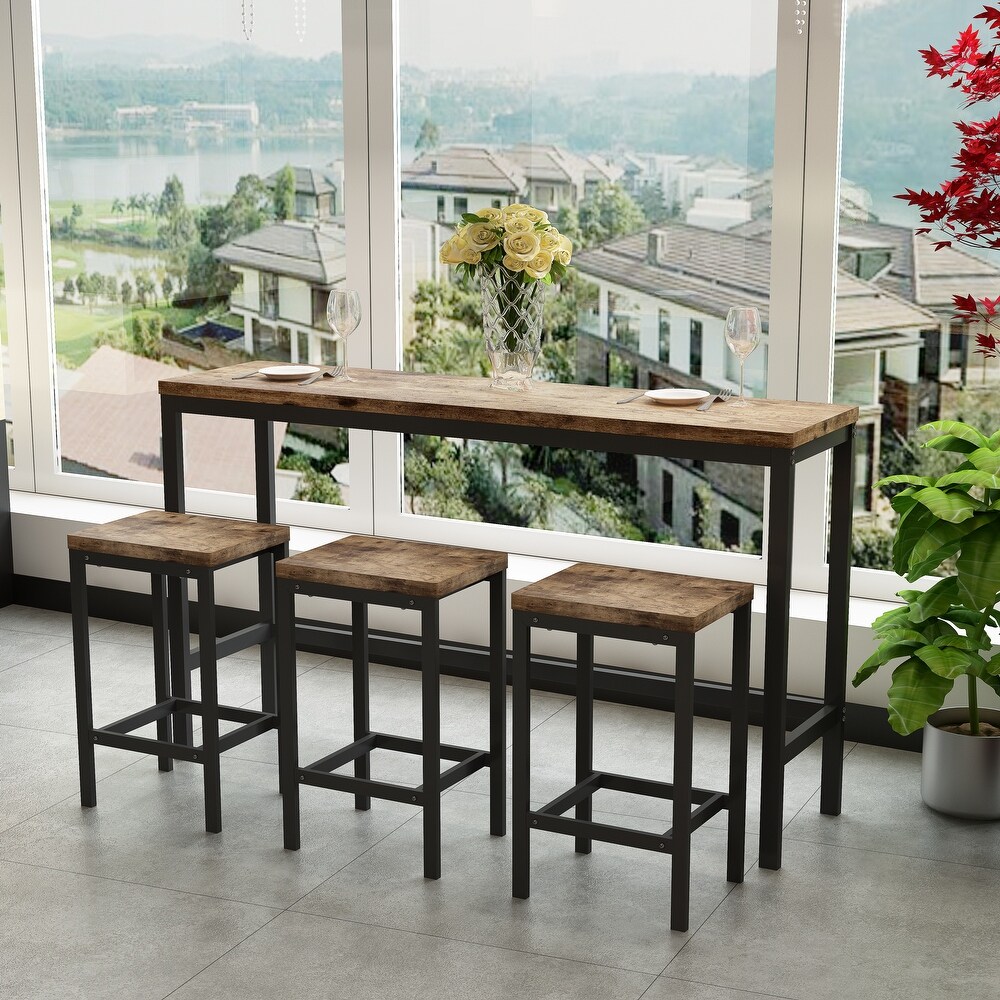 Long Dining Table Set with 3 Stools Pub Kitchen Set