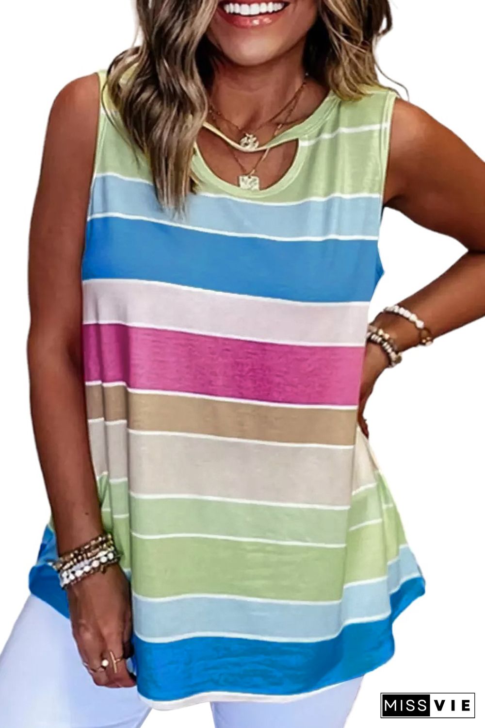 Multicolor Striped Colorblock Cut-out Tank Top