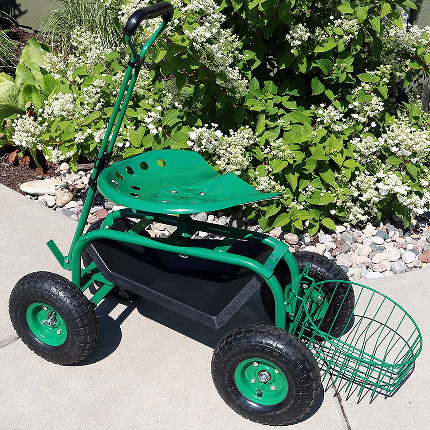 Sunnydaze Garden Cart Rolling Scooter with Extendable Steer Handle， Swivel Seat and Utility Tool Tray， Green