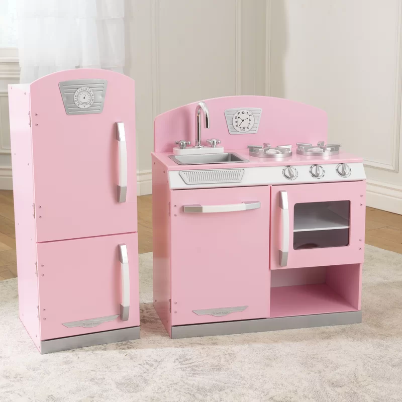 KidKraft Retro Wooden Play Kitchen and Refrigerator 2-Piece Set with Faucet， Sink， Burners and Working Knobs， Pink， Gift for Ages 3+