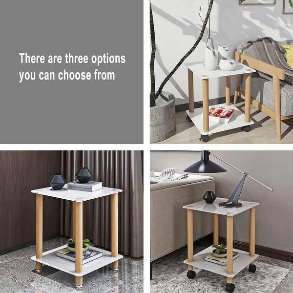 2 Pieces 2-Tier Space Side Table with Glass Tabletop and Metal Legs