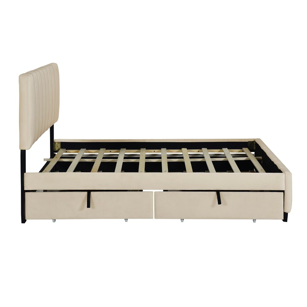 Queen Size Velvet Upholstered Platform Bed with Twin XL Size Trundle Bed  2 Storage Drawers and Headboard