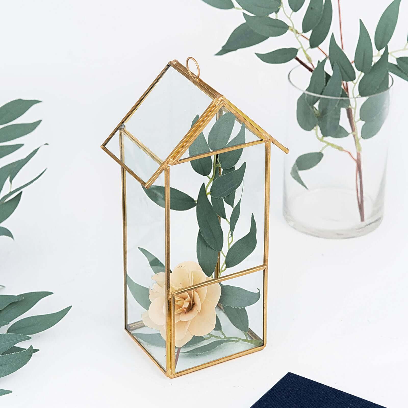 House Lantern Hanging Gold Metal Geometric Glass Terrarium, Multipurpose Air Plants Holder 11