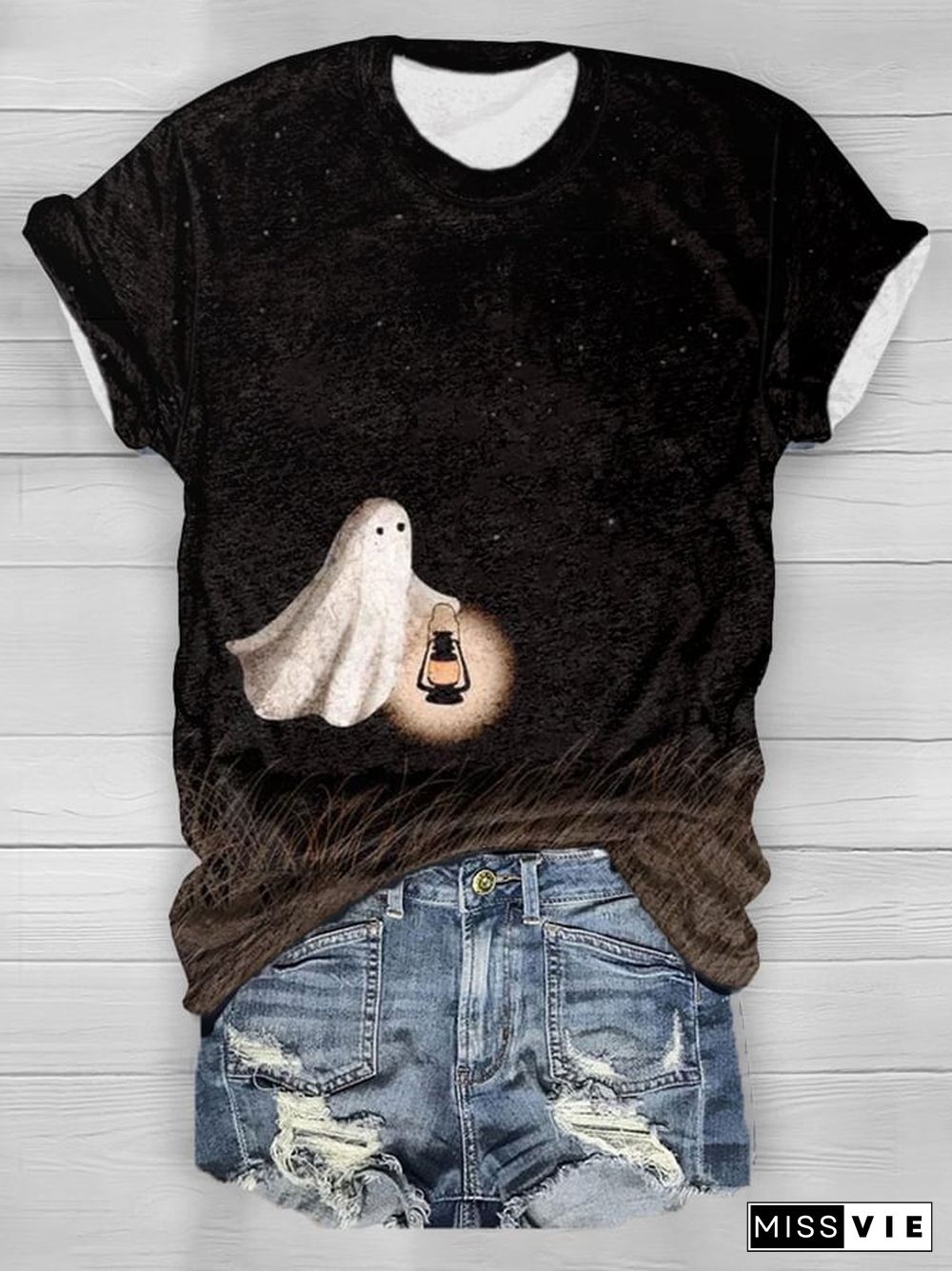 Women's Vintage Ghost Print Short Sleeve T-Shirt