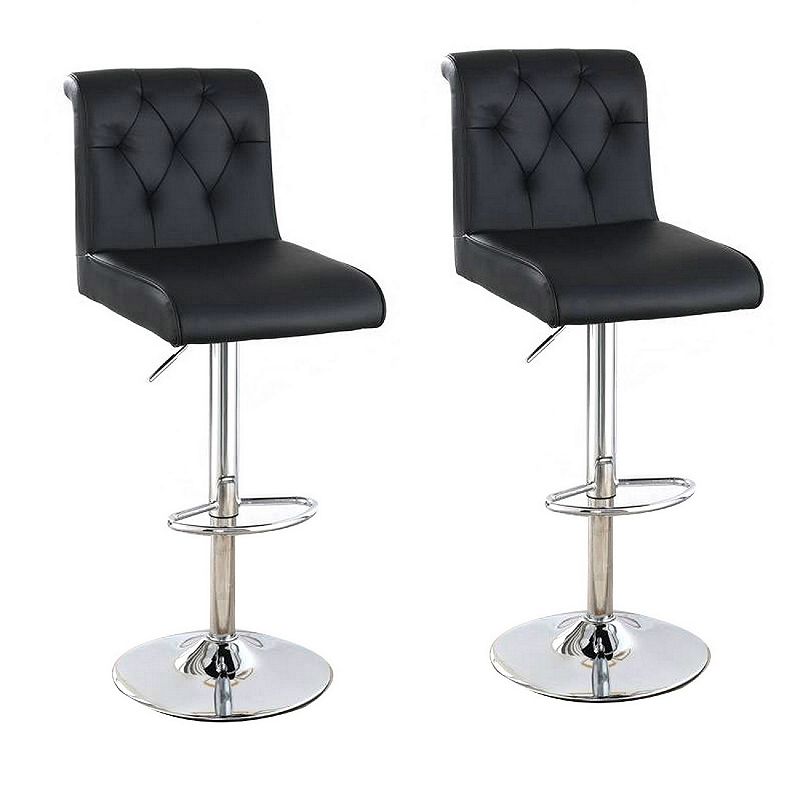 Adjustable Barstool with Rolled Button Tufted Back， Set of 2， Black