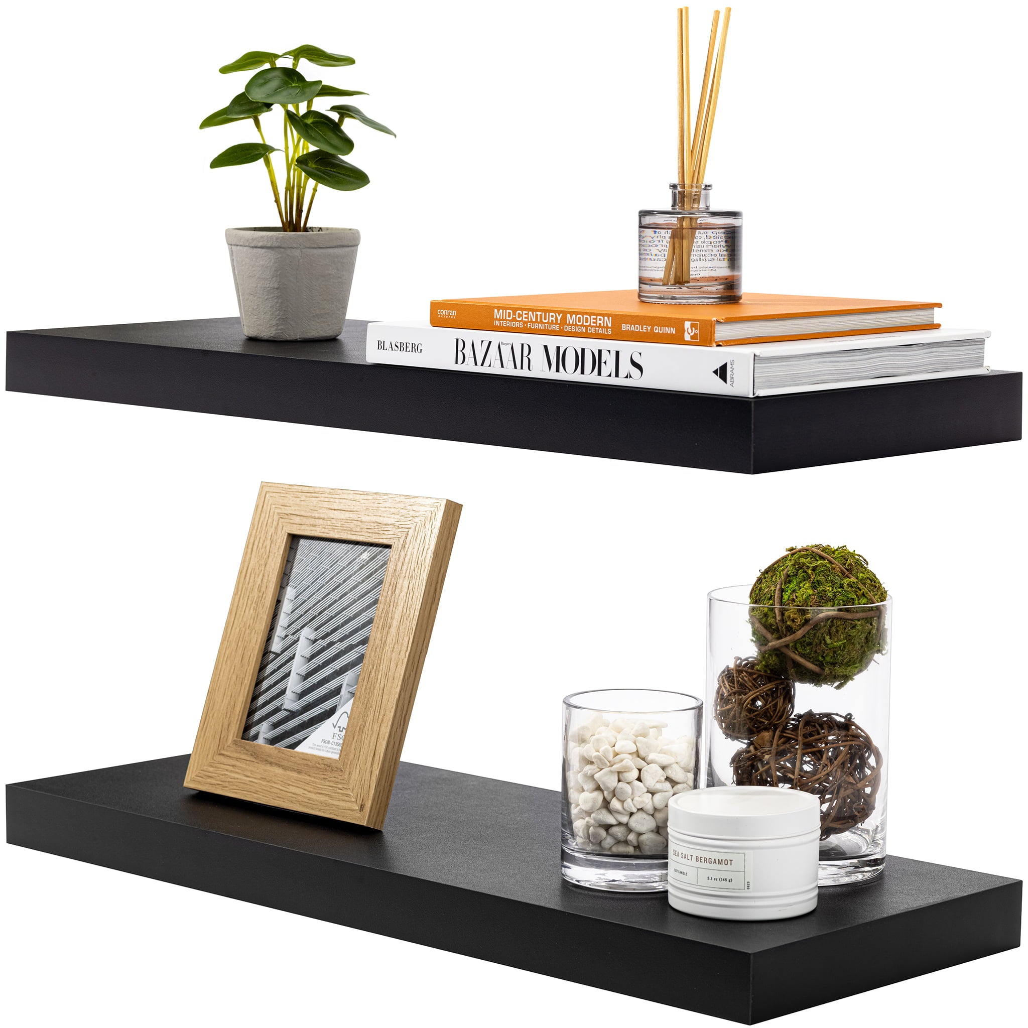 Sorbus Floating Shelf - Black Wooden Hanging Wall Shelves Decoration (2-Pack)