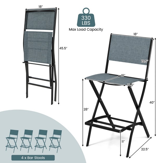 Costway Set Of 4 Outdoor Bar Chair Folding Bar Height Stool With Metal Frame Blue coffee