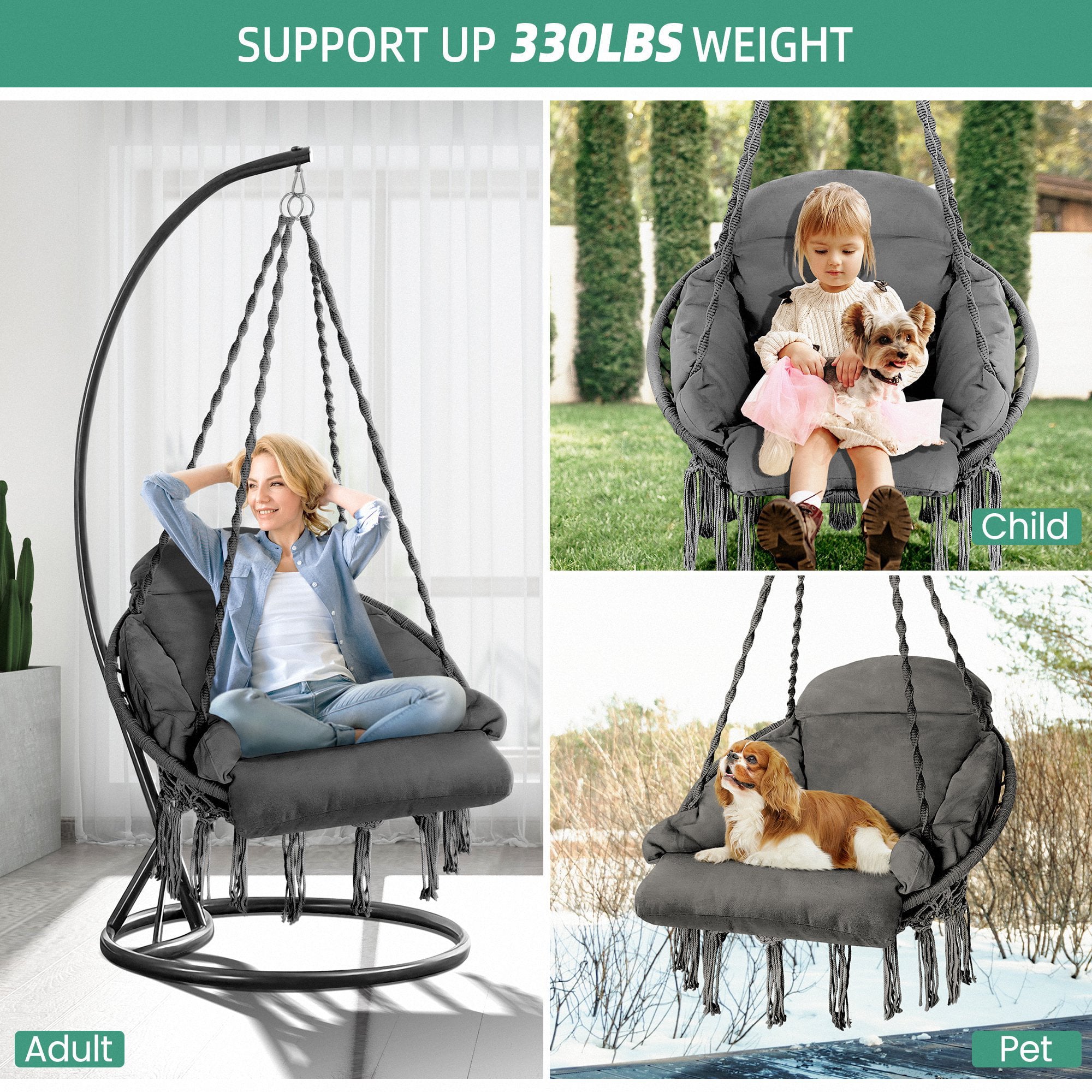 Indoor Outdoor Hammock Chair Swing with Hanging Hardware Kit - Gray, Cotton Canvas, Include A Cushion