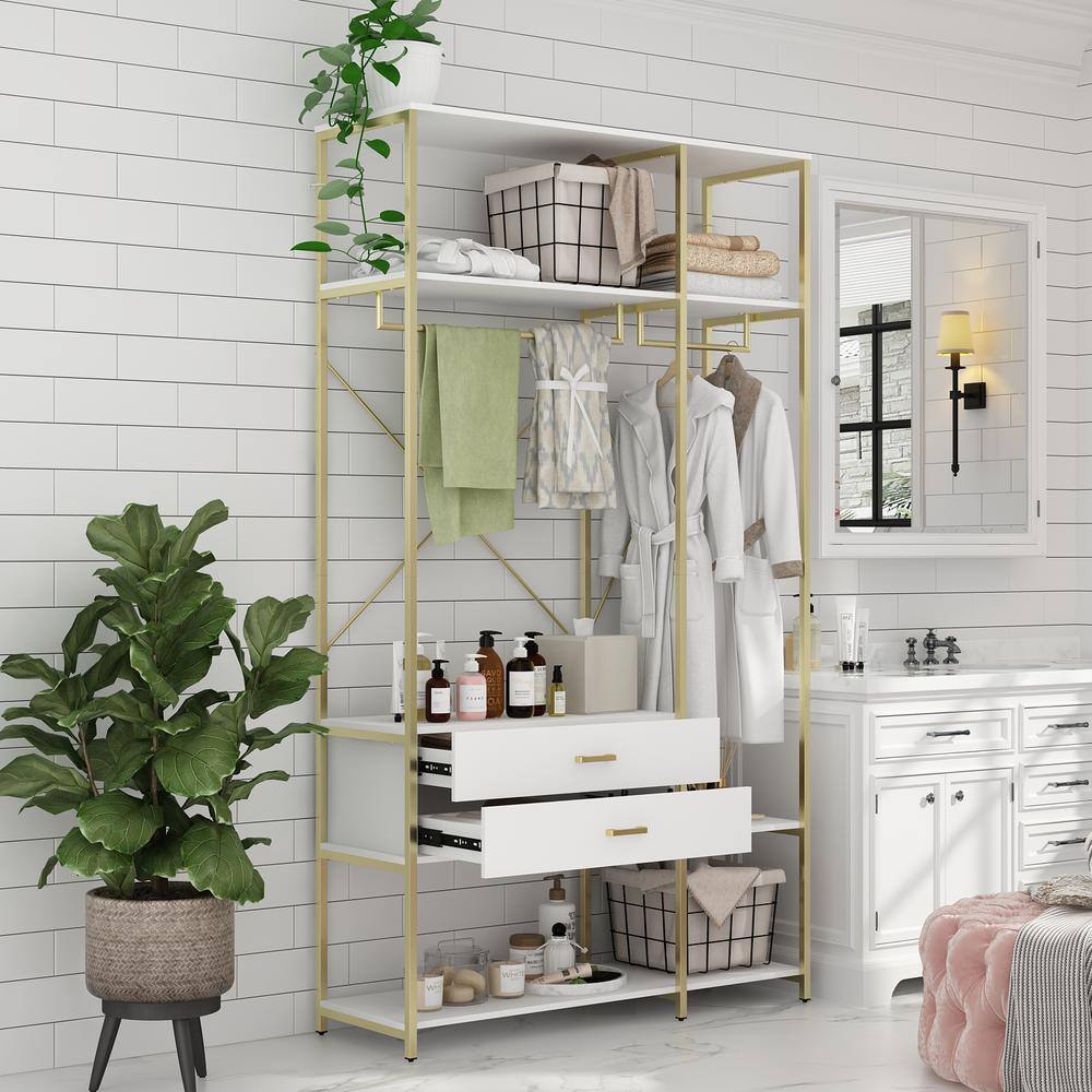 FUFUGAGA White and Gold Freestanding Metal Coat Rack Clothes Rack Closet Organizer with Hanging Rods and Open Shelf Drawers KF020382-01