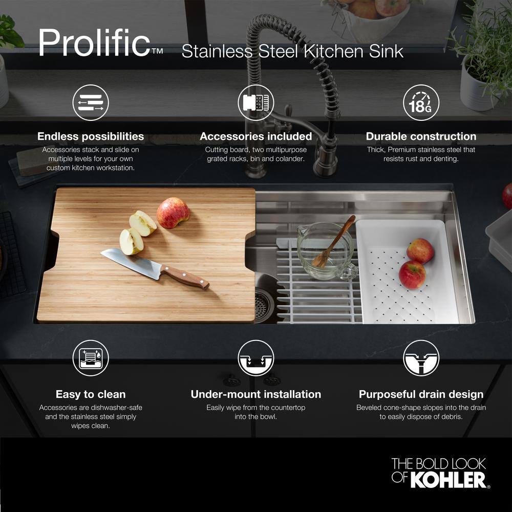 KOHLER Prolific Undermount Stainless Steel 29 in. L Single Bowl Kitchen Sink K-23651-NA