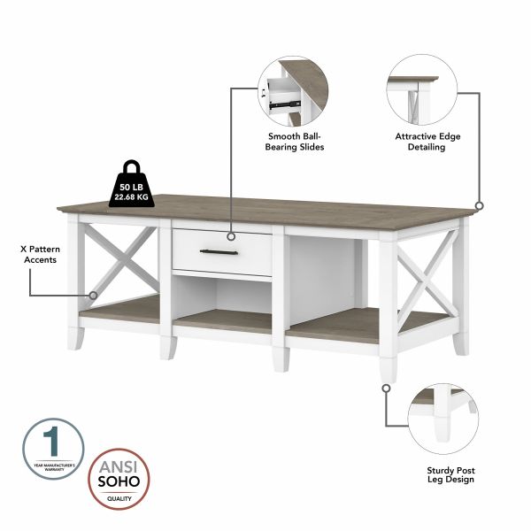 Bush Furniture Key West Tall TV Stand with Coffee Table and Set of 2 End Tables in Pure White and Shiplap Gray